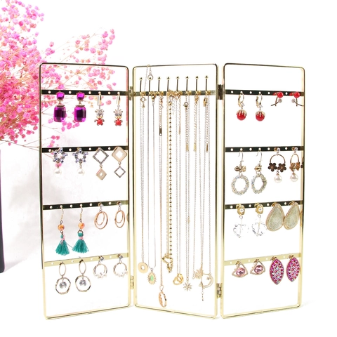 Metal Jewelry Display Stand Folding Screen Earring Organizer Gold Iron Rack For Studs Necklace Storage Countertop