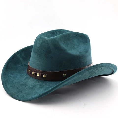 Cappello Da Cowboy Occidentale Vintage Scamosciato Tesa Larga Retro Jazz Fedora Con Fascia In Pelle E Borchie Per Uomo Donna