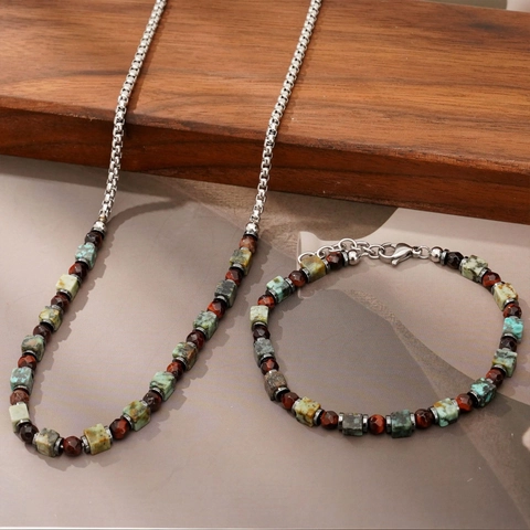 African Turquoise Red Tiger Eye Hematite Stainless Steel Beaded Necklace And Bracelet Jewelry For Men
