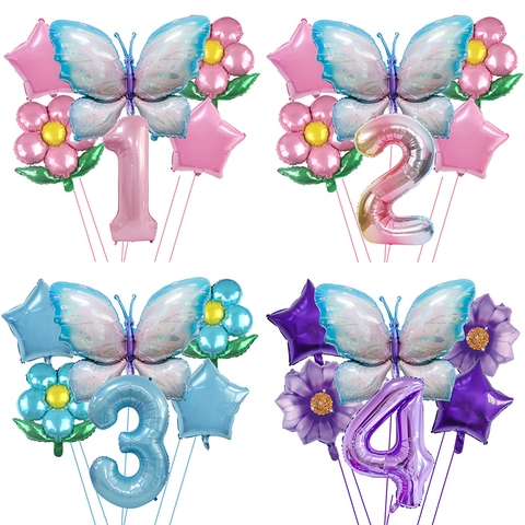 Schmetterling Und Große Nummer Ballons Aluminiumfolie Blume Stern Formen Für Geburtstag Party Dekorationen Bunt Gradient Stil