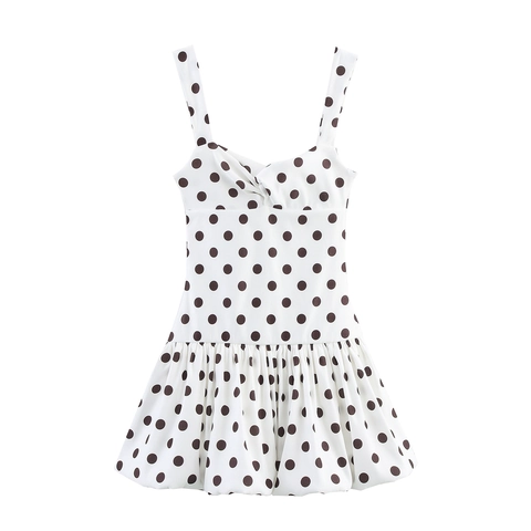 Vestito Corto A Pois Da Donna Senza Maniche Scollo Quadrato Poliestere Vita Alta Orlo A Palloncino Dettaglio Nodo