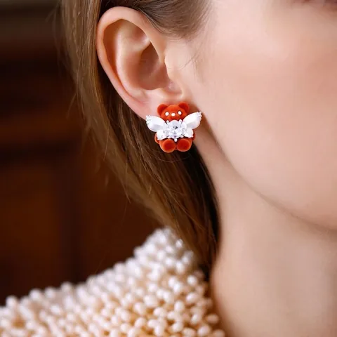 Gioielli Collana E Orecchini Orso Floccato Con Perno In Argento Ali D'angelo Zirconia Cubica Per Donne Stile Dolce