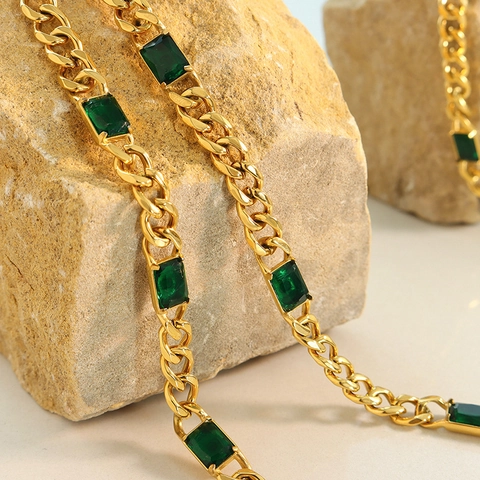 Collana E Bracciale A Maglia Cubana Acciaio Al Titanio Placcato Oro 18K Pietra Di Vetro Verde Rettangolare Gioielli Vintage Hip Hop Per Donna