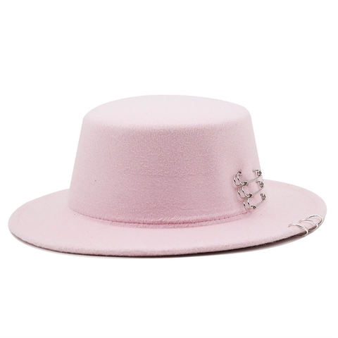 Chapeau Canotier Plat Feutre Polyester Avec Anneaux Métalliques Et Épingles À Nourrice Style Punk Jazz Fedora