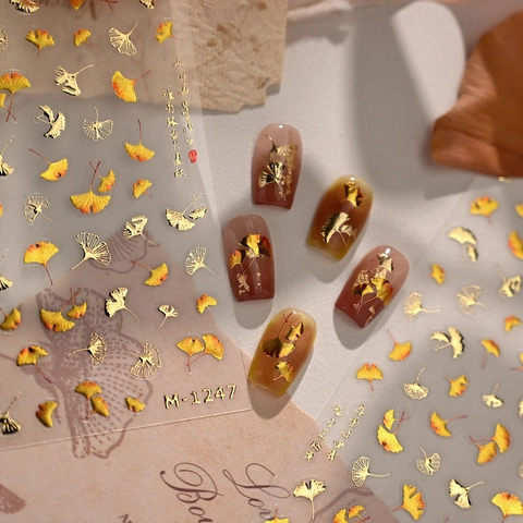 3D Relief Ginkgo Leaf Nail Stickers Gold Foil Autumn Fallen Leaves Design Chinese Calligraphy DIY Nail Art Adhesive Decals