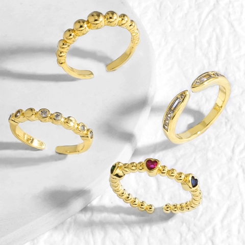 Adjustable Open Rings Gold Plated Copper Heart Zircon Colorful Minimalist Beaded Trendy Finger Jewelry For Women