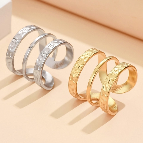 Multi-Layered Hammered Stainless Steel Ring For Women Open Adjustable Stacking Individual Minimalist Geometric Design