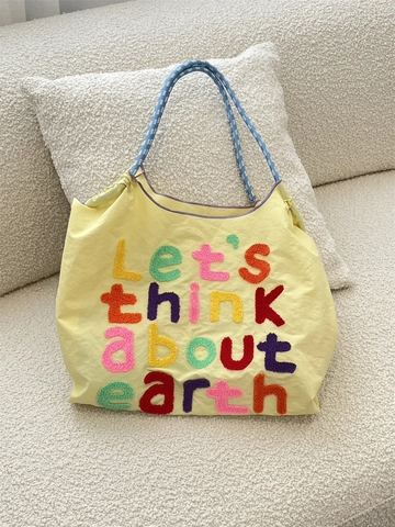 Women Large Capacity Tote Bag Chenille Letter Embroidery Casual Shoulder Handbag Portable Shopper Polyester