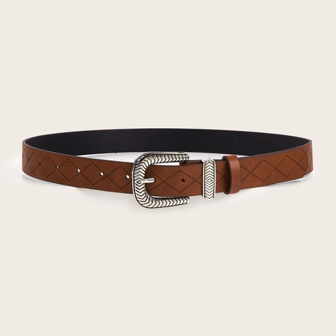 Cintura Vintage in Ecopelle Western Unisex Marrone Con Fibbia Incisa in Lega ad Ardiglione Motivo a Diamante Accessorio Moda