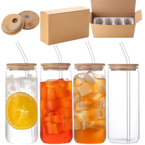 Borosilicate Glass Drinking Cup With Bamboo Lid And Glass Straw Can Shaped Heat Resistant Transparent Tumbler For Iced Coffee