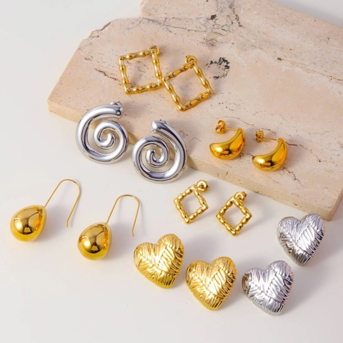 Ohrringe Aus Edelstahl Für Damen Herz Bambus Textur Geometrische Spirale Gold Silber Ton Minimalistischer Schmuck