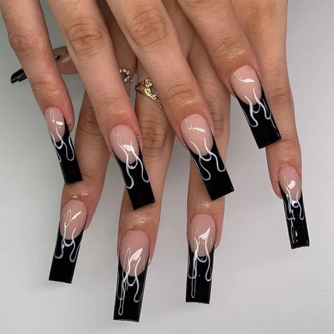 Uñas Postizas Largas Coffin Press On Puntas Francesas Negras Patrón De Llama Blanca Estilo Bailarina Brillante Para Mujeres Uso Fácil