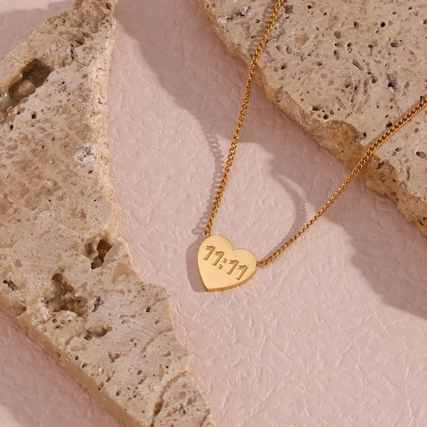 Heart Pendant Necklace Stainless Steel Gold Plated Angel Number 11:11 Engraved Ins Fashion For Women Simple Elegant Jewelry
