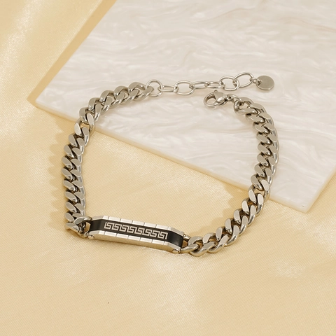 Men Cuban Link Bracelet Stainless Steel With Greek Key Pattern Curved Plate Black Enamel Hip Hop Streetwear Jewelry