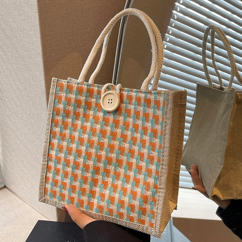 Linen Jute Woven Handbag Tote Bag Women Contrast Color Plaid Pattern Wood Button Zipper Closure Vintage Casual Gift Bag