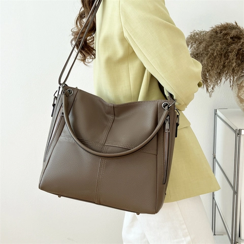 Women Handbags PU Leather Litchi Grain Large Capacity Tote Shoulder Bag Vintage Work Commute