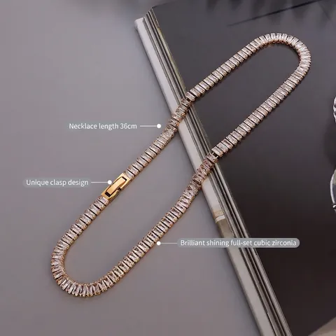 Baguette Zirkoon Tennis Ketting Titanium Staal Choker Kleurbehoud Minimalistisch Luxe Elegant Sieraden Voor Dames