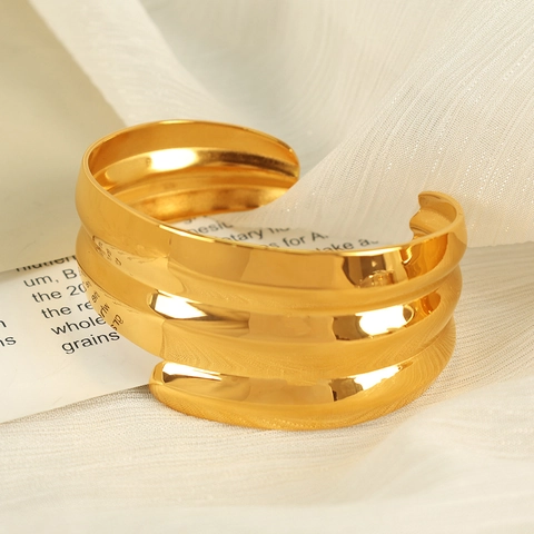 Exaggerated Stainless Steel Open Cuff Bracelet For Women Irregular Wavy Texture Gold Silver Plated Fashion Bangle Jewelry