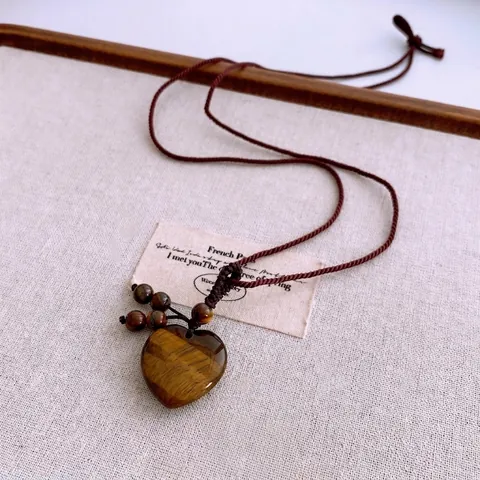 Heart Pendant Necklace Natural Stone Hand Woven Braided Rope Adjustable Long Sweater Chain Retro Jewelry For Women