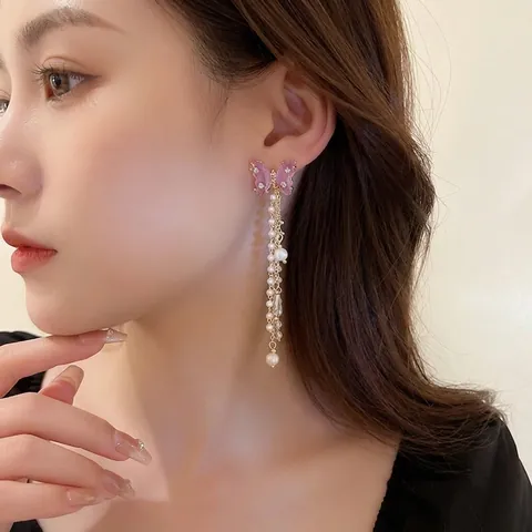 Butterfly Long Tassel Dangle Earrings Crystal Rhinestone Artificial Pearl Elegant Light Luxury Jewelry With Silver Earring Post