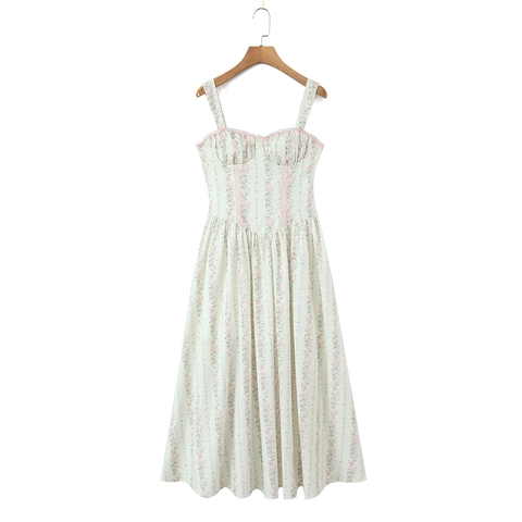 Floral Maxi Kleid Spaghettiträger Spitze Herzausschnitt Hohe Taille Cottagecore Französisch Retro Sommer Damen