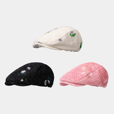 Cappello Newsboy Da Donna In Velluto A Coste Ricamo Margherita Paillettes Berretto Retro Tesa Corta