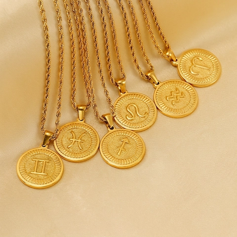 18K Gold Plated Stainless Steel Zodiac Sign Pendant Necklace Round Coin Medallion Rope Chain Jewelry For Women Men