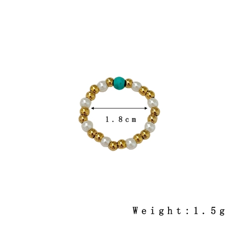 Bohemian Stainless Steel Gold Beaded Ring Natural Freshwater Pearl Turquoise Elastic Band Finger Ring For Women Fashion Jewelry