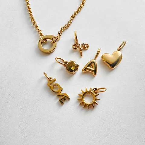 Women's 14K Gold Plated Stainless Steel Charm Bracelet With LOVE Heart Sun Zodiac Yellow Rhinestone Pendants Fashion Jewelry