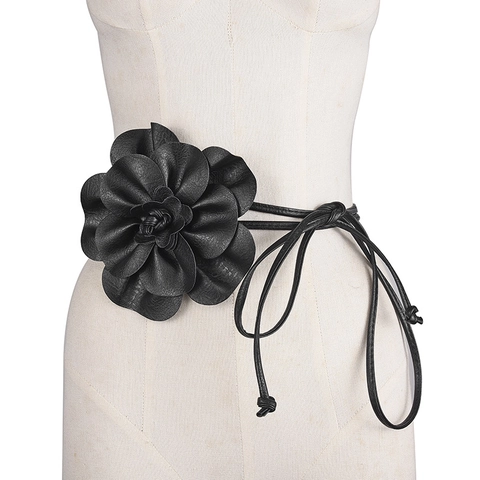 Women Bohemian PU Leather Large 3D Floral Decoration Dress Belt Long Tie Bow Waist Rope Fashion Accessories