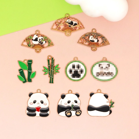 Cute Cartoon Panda Bamboo Alloy Enamel Charms For DIY Jewelry Making Earrings Bracelet Keychain Chinese Style Animal Pendants