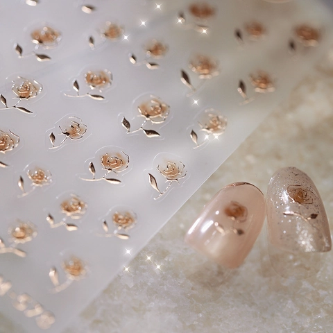 Autocollants Pour Ongles Relief 3D Métallique Or Rose Design Floral Fleur Gaufrée Ligne Géométrique Adhésif DIY Manucure