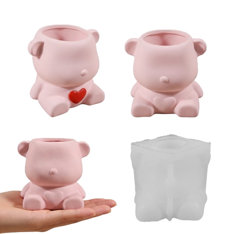 Cute Bear Silicone Mold With Heart Pattern For DIY Crafting Pen Holder Resin Plaster Vase Flower Pot Making Accessory