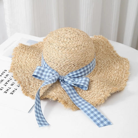 Women Wide Brim Straw Sun Hat Paper Woven Frayed Edge Gingham Ribbon Bow Beach Vacation UV Protection Breathable