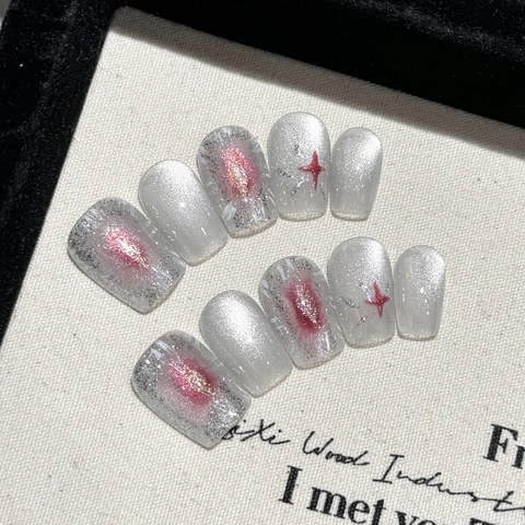 Handmade Press On Nails Cat Eye Magnetic Silver Grey Star Pattern Short Square Shimmering Artificial Fingernails