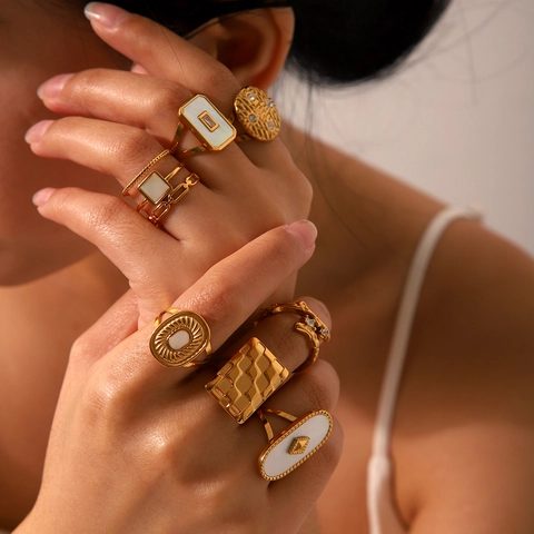 Geometric Rings For Women Stainless Steel 18K Gold Plated White Mother Of Artificial Pearl Zircon Vintage Light Luxury Adjustable Open Band
