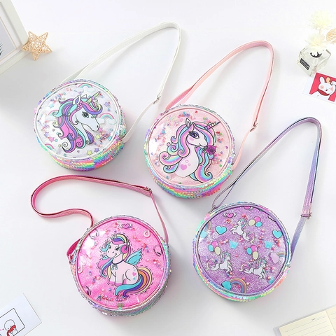 Kids Round Sequin Crossbody Bag Unicorn Mermaid Pattern Glitter Shoulder Bag For Girls Cartoon Rainbow Party Gift Handbag