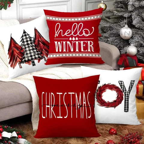 Kerst Kussenhoezen Polyester Linnen Look Vakantie Huis Decoratie Bank Kussensloop Ruit Patroon Boom JOY