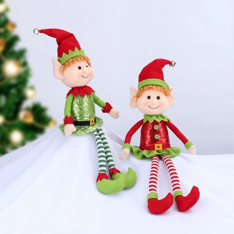 Christmas Elf Plush Toy Sequin Long Bendy Leg Doll With Bell Red Green Festive Home Ornament For Shelf Table