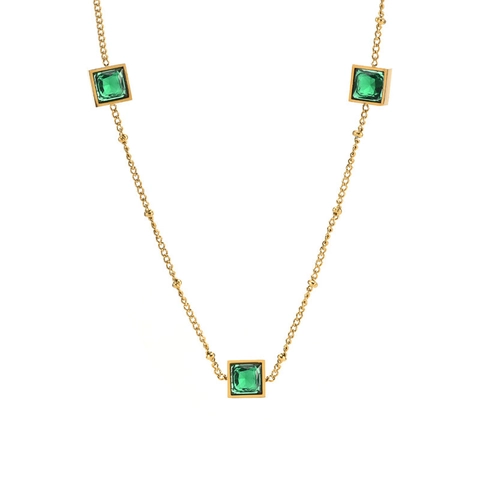 Retro Titanium Steel Necklace Bracelet Square Cubic Zirconia Emerald White Elegant Jewelry For Women