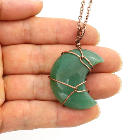 Collana Con Pendente Luna Crescente Pietra Naturale Fatto A Mano Filo Di Rame Avvolto Cristallo Guarigione Gioielli Boho