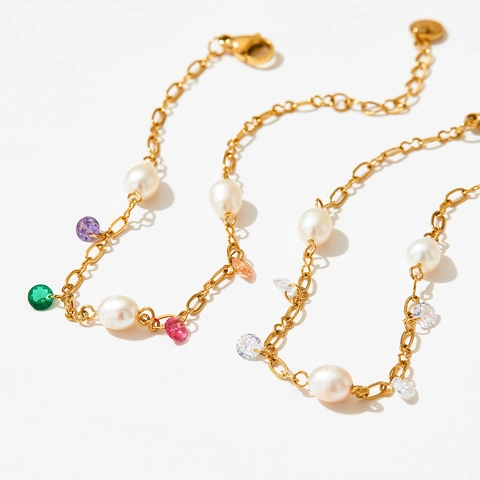 Stainless Steel Bracelet With White Artificial Pearls And Colorful Zirconia Gemstones Elegant Bohemian Jewelry For Women