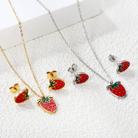 Fruit Strawberry Cherry Watermelon Necklace And Earrings Stainless Steel Gold Plated Enamel Cute Jewelry