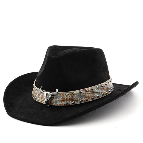Cappello Da Cowboy Western Vintage Camoscio Tesa Larga Fascia Intrecciata Teschio Di Toro Metallo Borchie Stile Bohemien Etnico Jazz