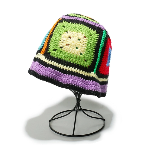 Häkel-Anglerhut Handgefertigter Acrylstrick Granny Square Patchwork Böhmischer Retro-Ethno-Stil Für Damen