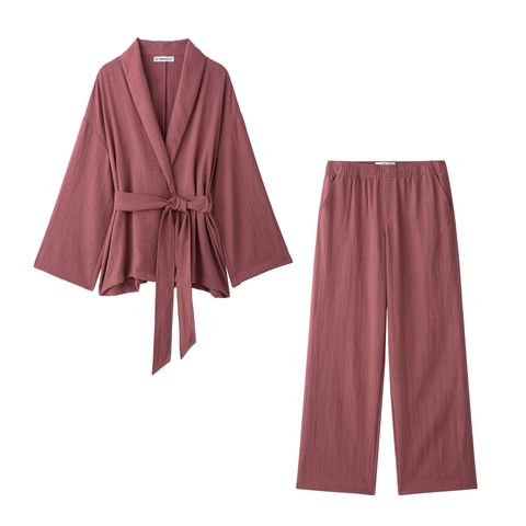 Women Kimono Tie Up Jacket And Wide Leg Pants Polyester Linen Textured Streetwear Casual Dusty Rose