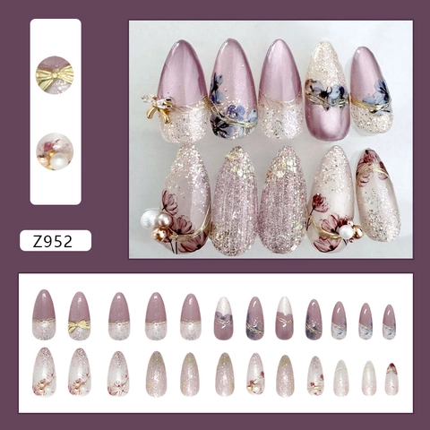 Violette Katzenauge Press On Nägel Mit 3D Schleife Künstliche Perle Blumenmuster Lange Mandelform ABS Kunststoff Maniküre