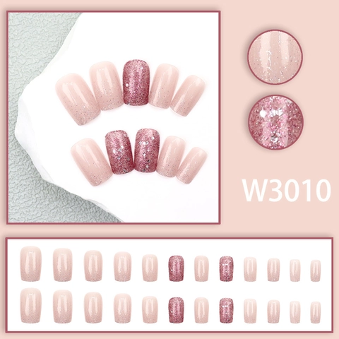 Press On Nails Plastic Pink Purple Glitter Gradient French Short Square Shape Glossy With Glue For Women