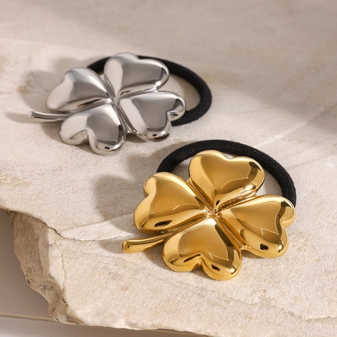 Dames Roestvrij Staal Klavertje Vier Haarelastiekje Elastische Haarband Hoogglans Goud Zilver Metaal Scrunchie Haaraccessoire