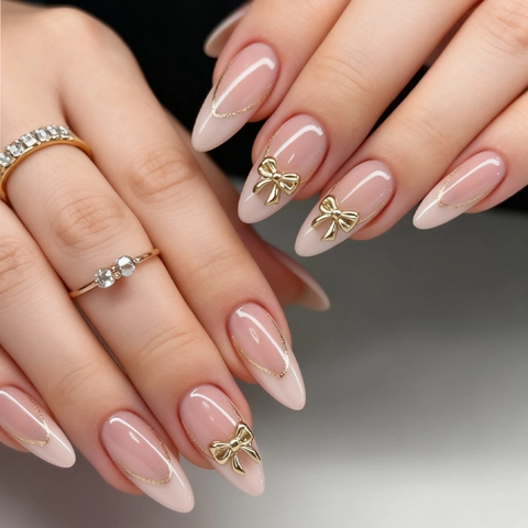 Press On Nagels Amandelvorm Franse Gouden Rand Met Gouden 3D Strik Elegant Zoet Manicure Voor Vrouwen En Meisjes